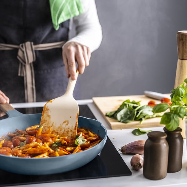 KLIPPFISK frying pan, non-stick coating/wood dark grey-blue, 28 cm