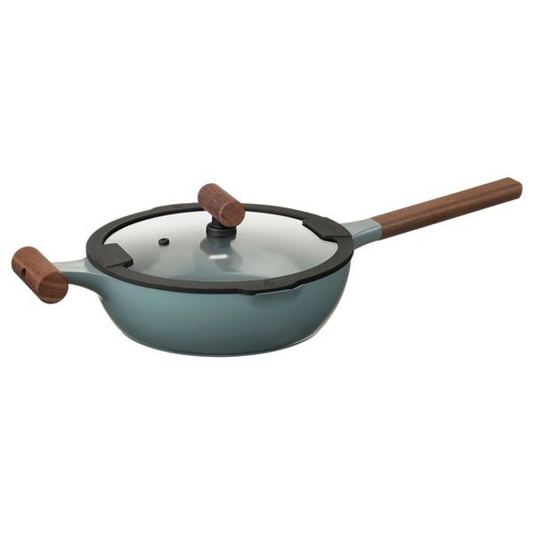 KLIPPFISK - Sauté pan with lid, non-stick coating glass/wood grey-turquoise,24 cm