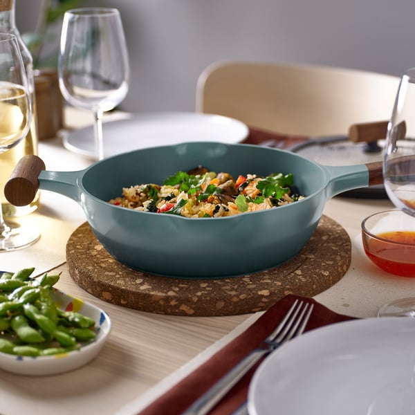 KLIPPFISK sauté pan with lid, non-stick coating glass/wood grey-turquoise, 24 cm