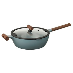 KLIPPFISK sauté pan with lid, non-stick coating glass/wood grey-turquoise, 28 cm