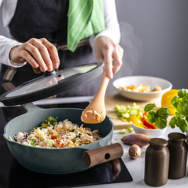 KLIPPFISK sauté pan with lid, non-stick coating glass/wood grey-turquoise, 24 cm