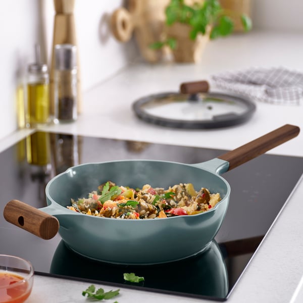 KLIPPFISK sauté pan with lid, non-stick coating glass/wood grey-turquoise, 24 cm