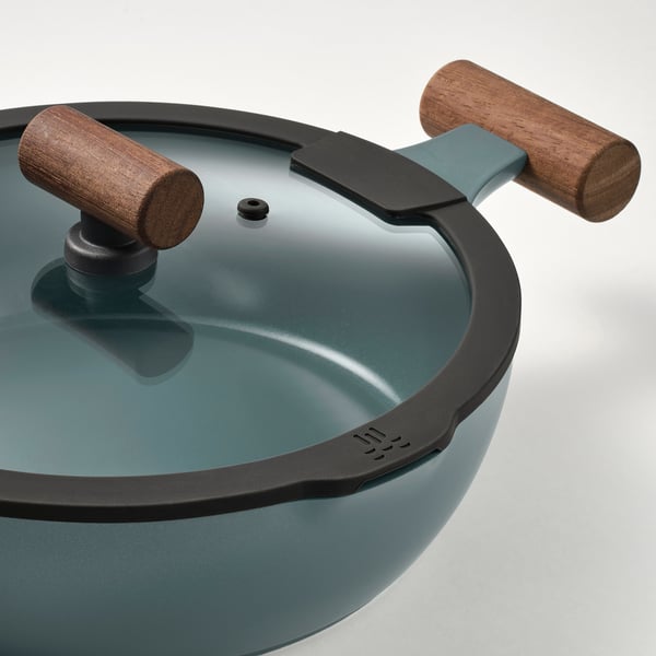 KLIPPFISK sauté pan with lid, non-stick coating glass/wood grey-turquoise, 24 cm