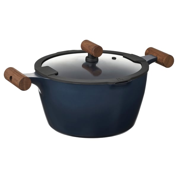 KLIPPFISK - KLIPPFISK Pot with lid, non-stick coating glass/wood black-blue, 5 l