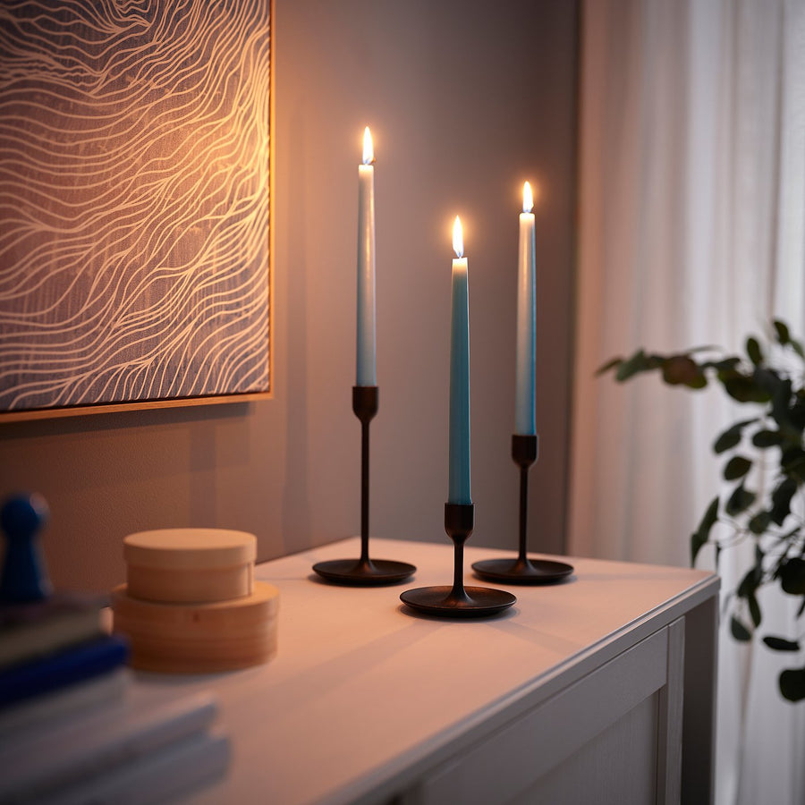 KLOKHET unscented taper candle, pale blue, 25 cm 6 hr, 8 pack
