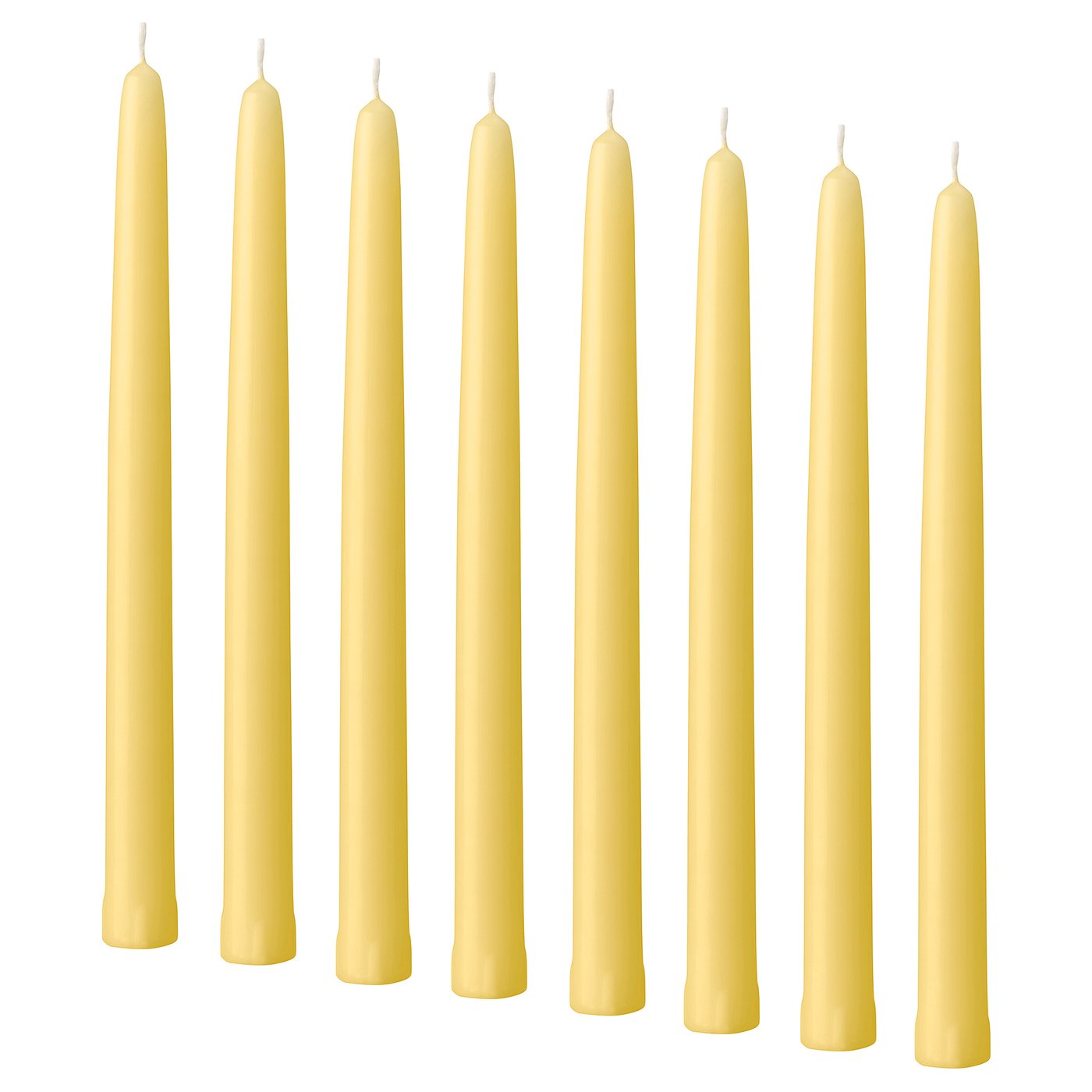 KLOKHET unscented taper candle, pale yellow, 25 cm 6 hr, 8 pack