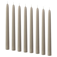 KLOKHET unscented taper candle, grey-beige, 25 cm 6 hr, 8 pack