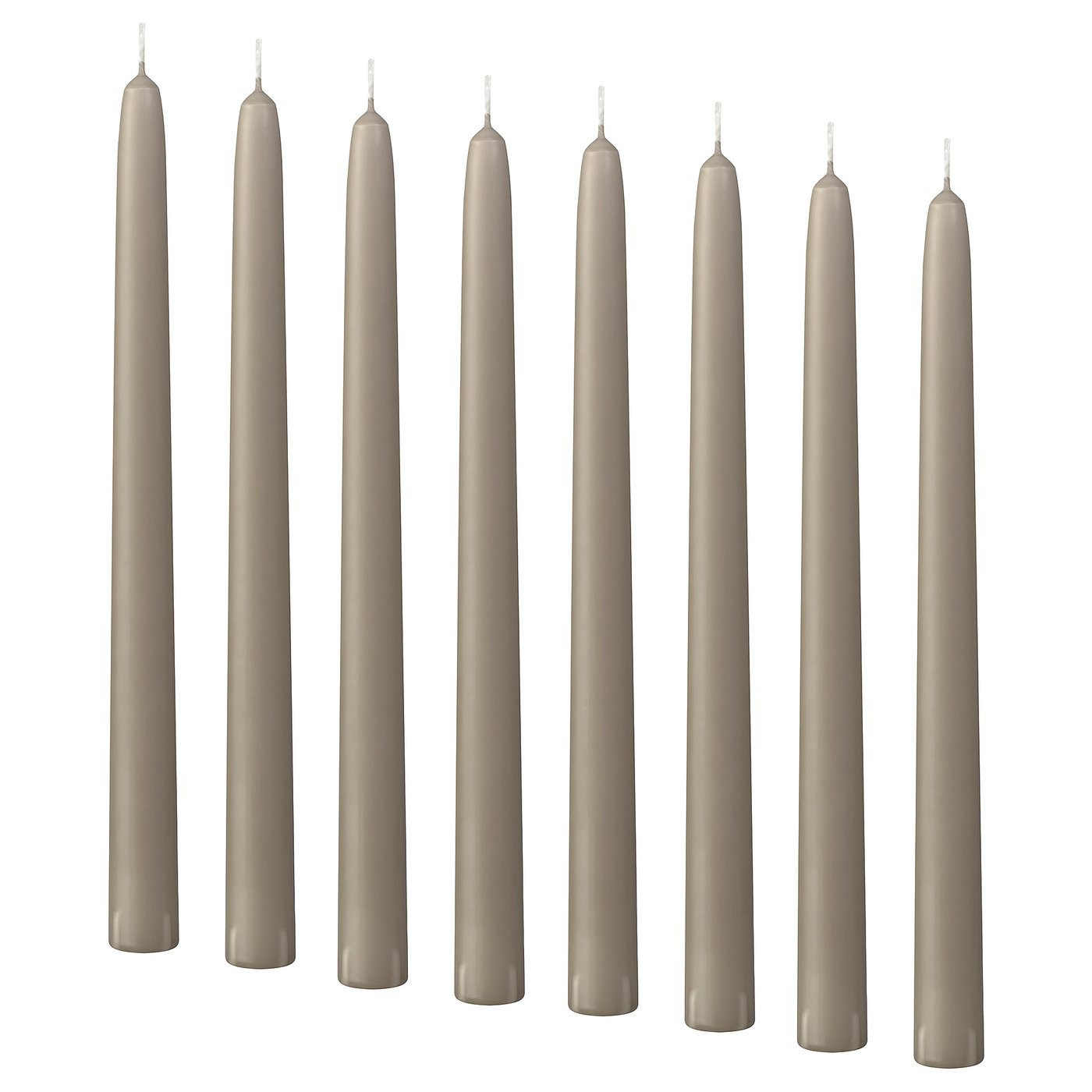 KLOKHET unscented taper candle, grey-beige, 25 cm 6 hr, 8 pack