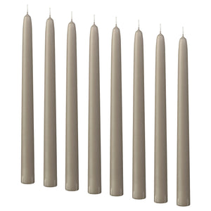 KLOKHET unscented taper candle, grey-beige, 25 cm 6 hr, 8 pack