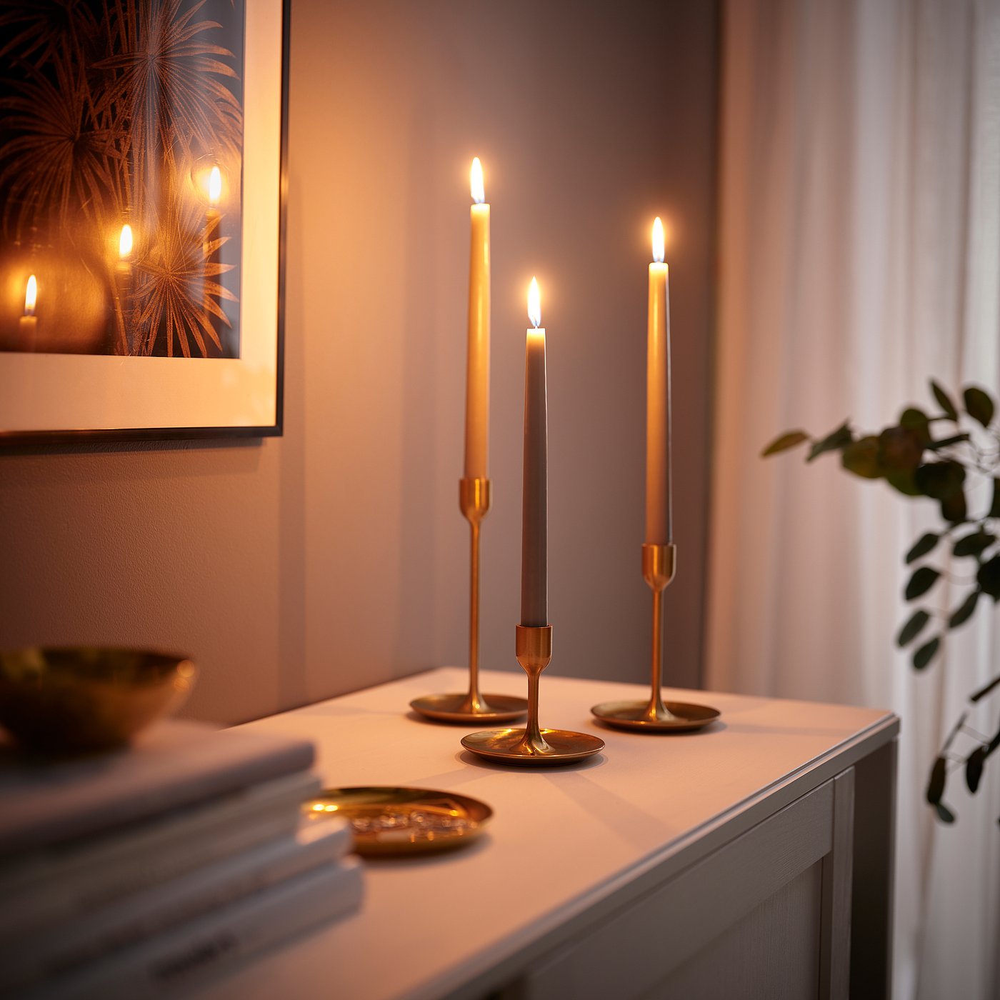 KLOKHET unscented taper candle, grey-beige, 25 cm 6 hr, 8 pack
