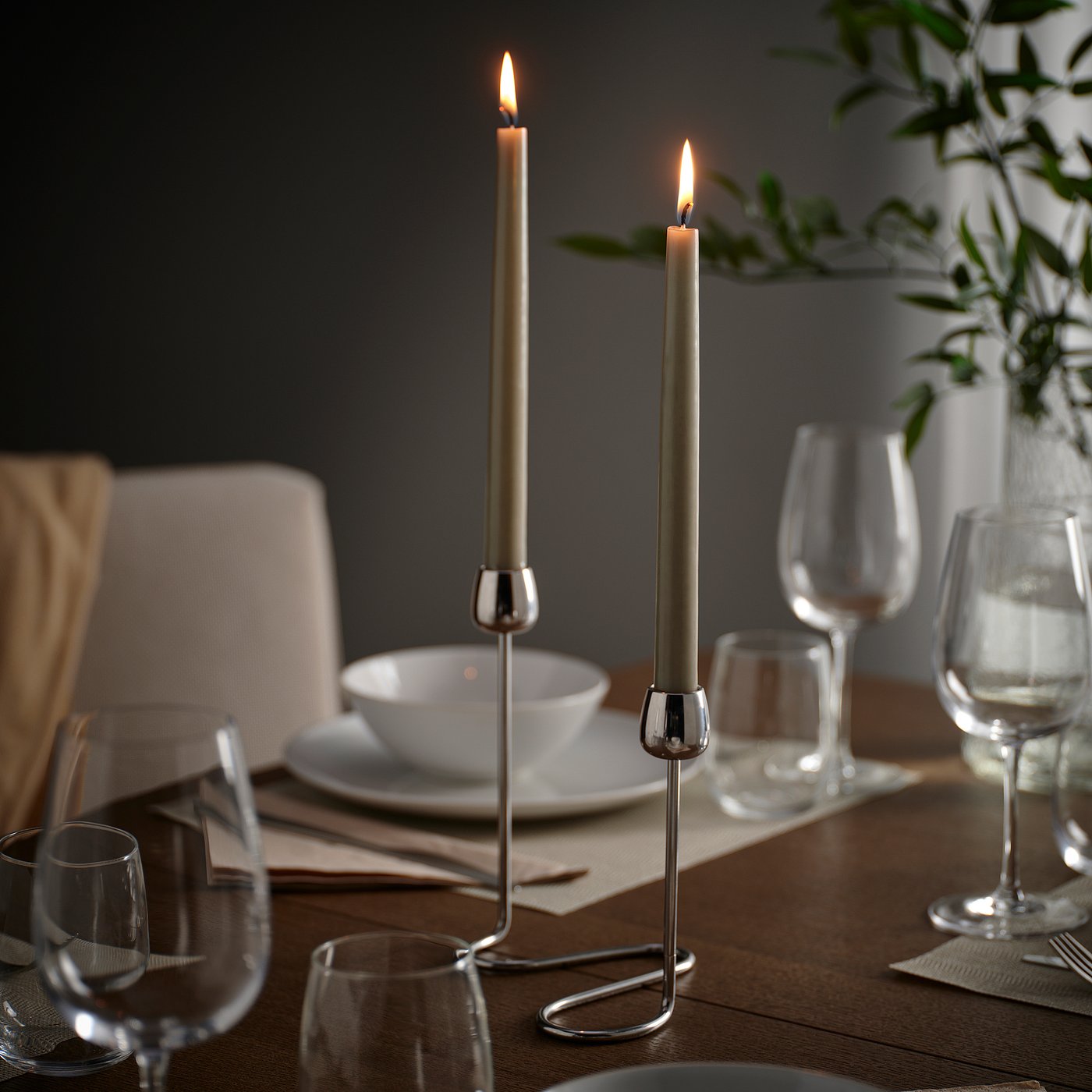 KLOKHET unscented taper candle, grey-beige, 25 cm 6 hr, 8 pack