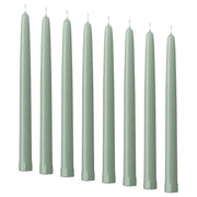 KLOKHET unscented taper candle, light grey-green, 25 cm 6 hr, 8 pack