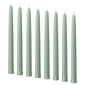 KLOKHET unscented taper candle, light grey-green, 25 cm 6 hr, 8 pack
