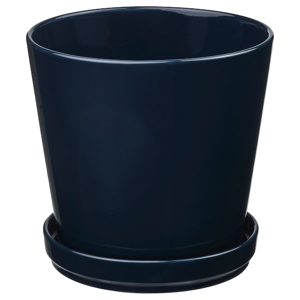 KLOTLÖNN - Plant pot with saucer, in/outdoor/black-blue, 19 cm