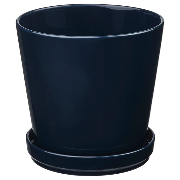 KLOTLÖNN plant pot with saucer, in/outdoor/black-blue, 19 cm