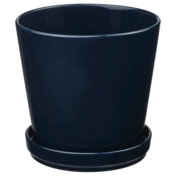 KLOTLÖNN - Plant pot with saucer, in/outdoor/black-blue, 19 cm
