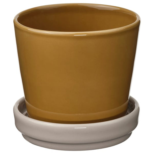 KLOTLÖNN - KLOTLÖNN Plant pot with saucer, in/outdoor/dark yellow light beige, 9 cm