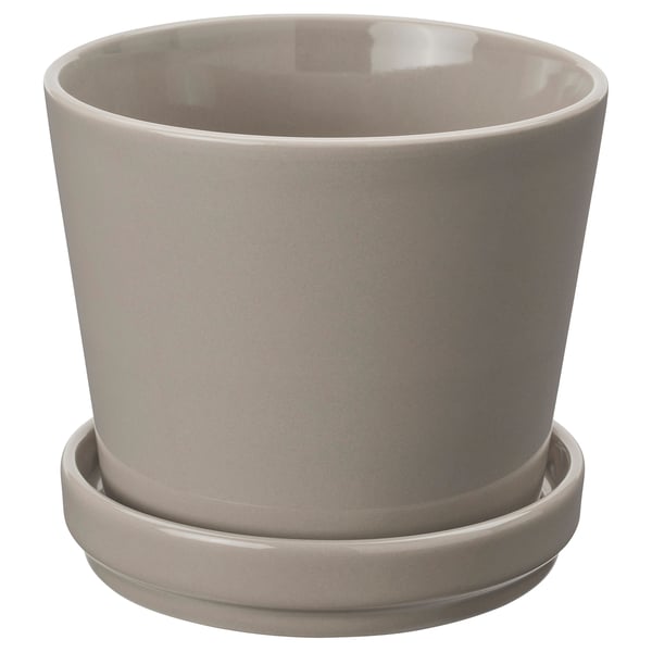 KLOTLÖNN plant pot with saucer, in/outdoor/grey/beige, 12 cm