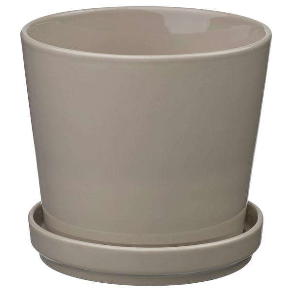 KLOTLÖNN - Plant pot with saucer, in/outdoor/grey/beige, 15 cm