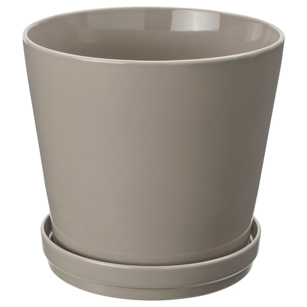 KLOTLÖNN plant pot with saucer, in/outdoor/grey/beige, 24 cm