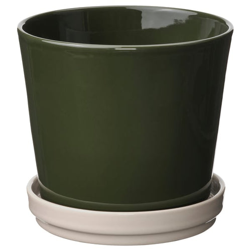 KLOTLÖNN plant pot with saucer, in/outdoor/dark grey-green light beige, 15 cm