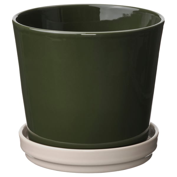 KLOTLÖNN - Vase with saucer, indoor/outdoor/dark grey-green light beige,15 cm