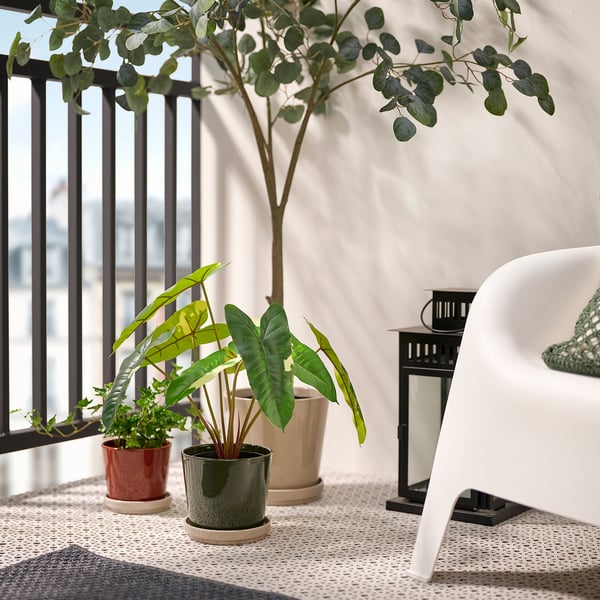 KLOTLÖNN plant pot with saucer, in/outdoor/dark grey-green light beige, 15 cm