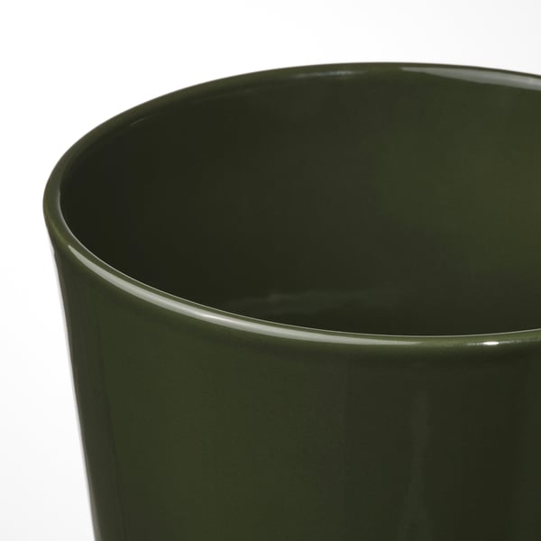 KLOTLÖNN plant pot with saucer, in/outdoor/dark grey-green light beige, 15 cm