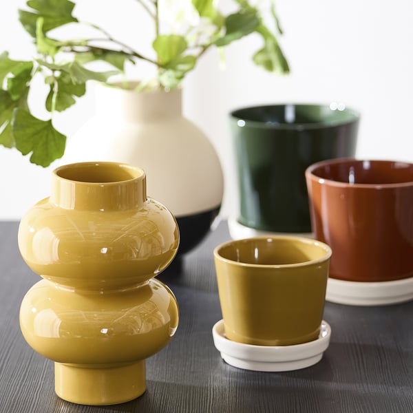 KLOTLÖNN plant pot with saucer, in/outdoor/dark grey-green light beige, 15 cm