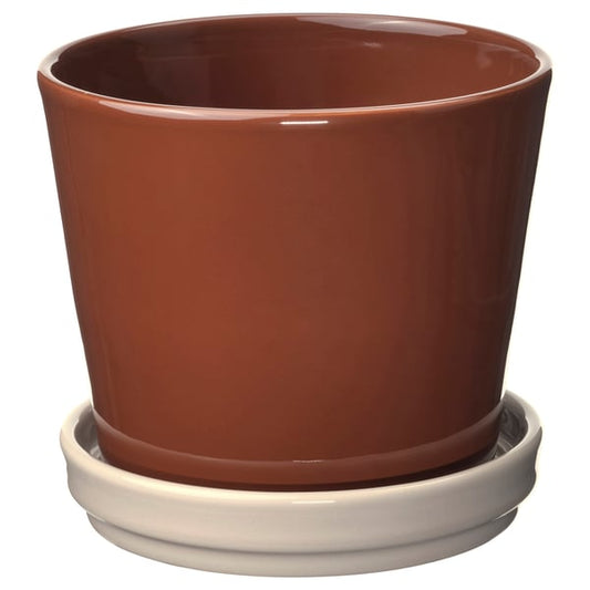 KLOTLÖNN - KLOTLÖNN Plant pot with saucer, in/outdoor/red/brown light beige, 12 cm