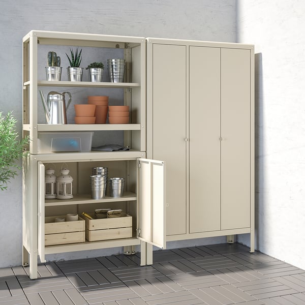KOLBJÖRN shelving unit with 2 cabinets, beige, 171x37x161 cm