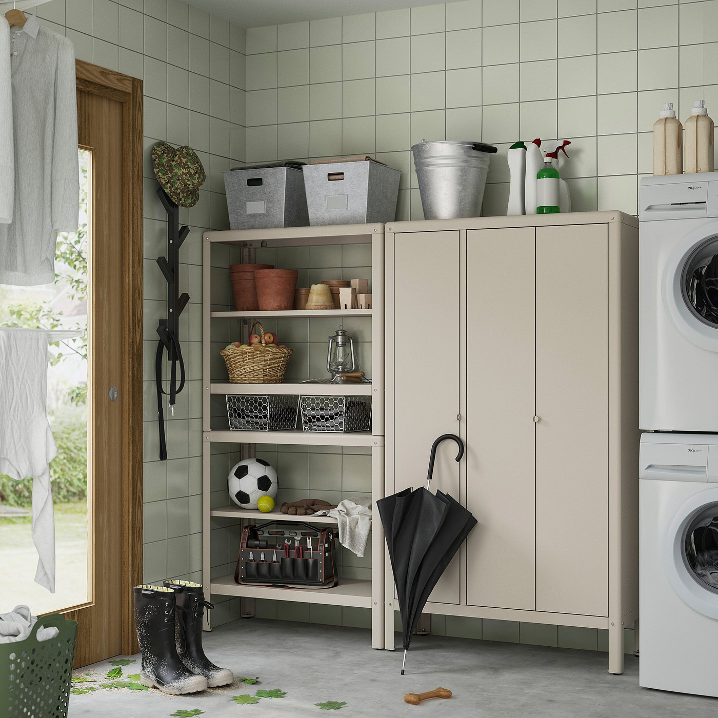 KOLBJÖRN shelving unit with cabinet, beige/outdoor indoor, 171x161x37 cm