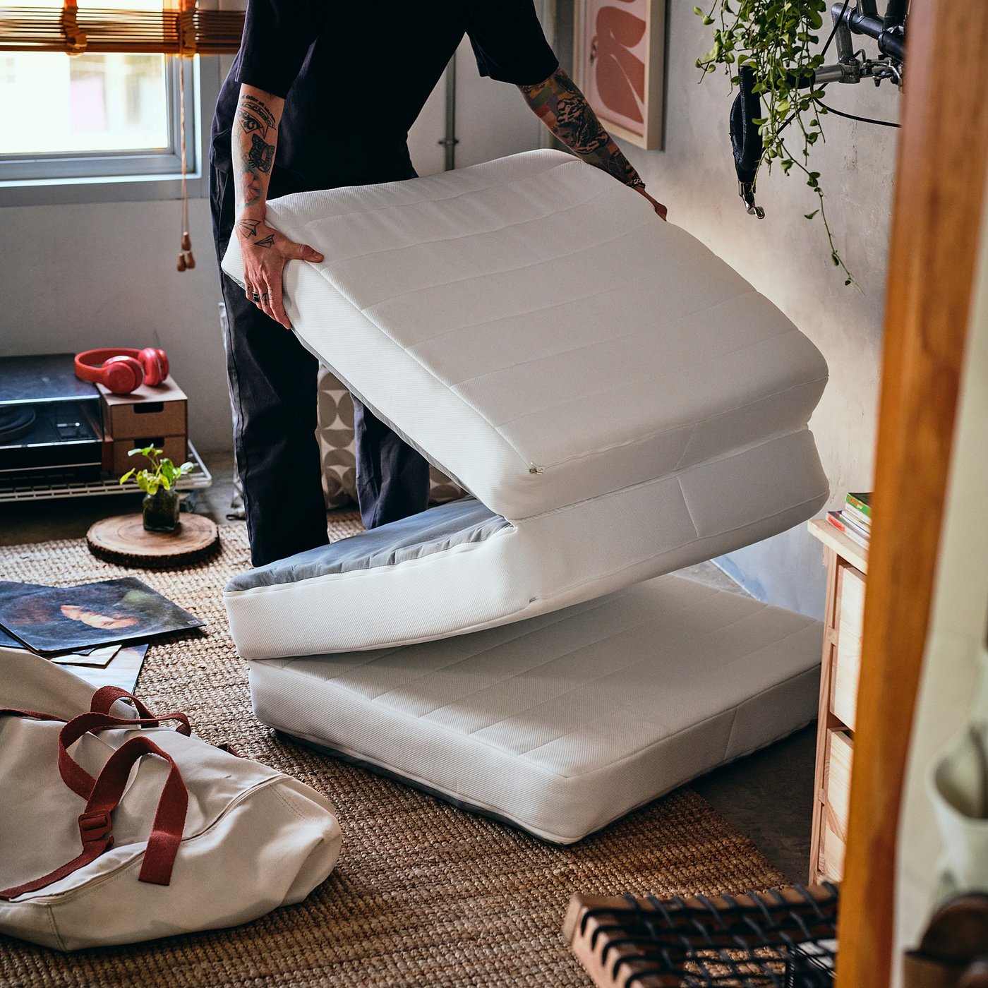 KOMPISHÄNG mattress/pouffe, beige/red, 80x200 cm