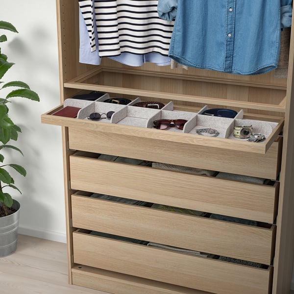 KOMPLEMENT pull-out tray with divider, white stained oak effect/light grey, 100x35 cm