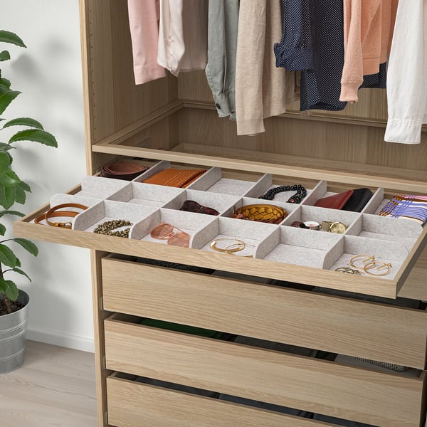KOMPLEMENT pull-out tray with divider, white stained oak effect/light grey, 100x58 cm