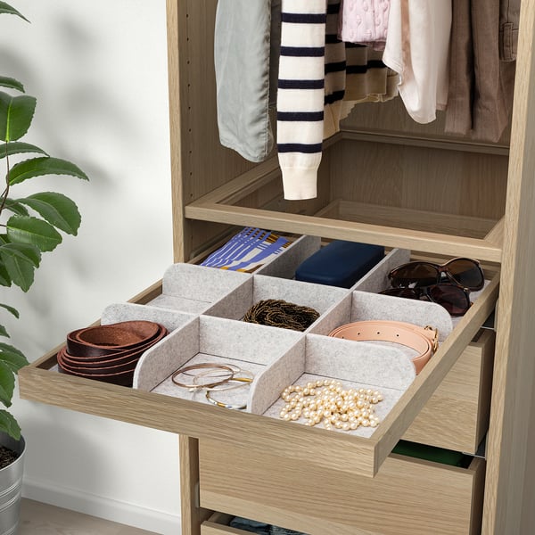 KOMPLEMENT pull-out tray with divider, white stained oak effect/light grey, 50x58 cm