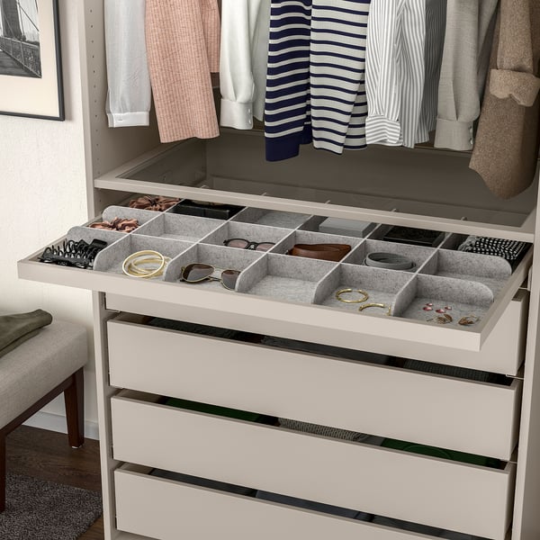KOMPLEMENT pull-out tray with divider, grey-beige/light grey, 100x58 cm