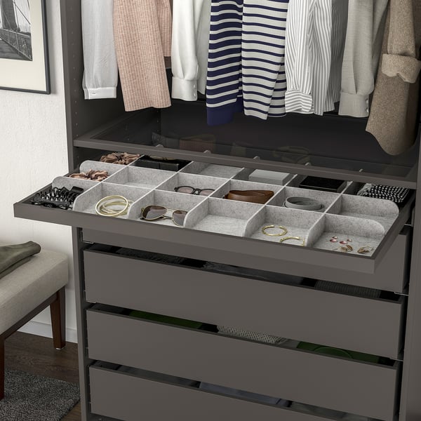 KOMPLEMENT pull-out tray with divider, dark grey/light grey, 100x58 cm