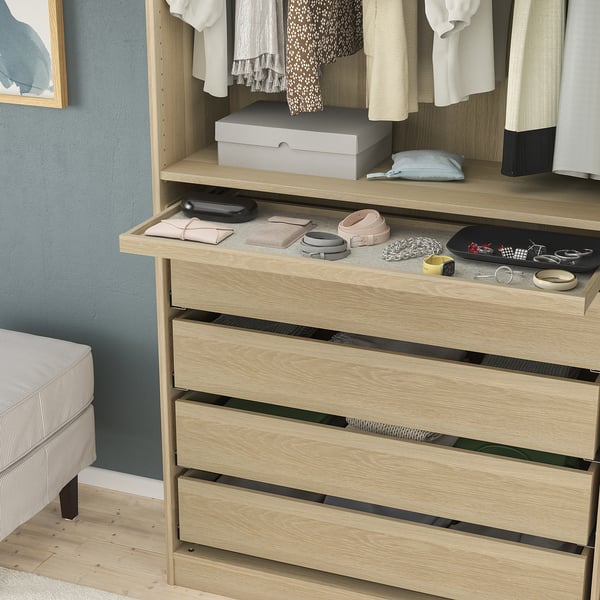 KOMPLEMENT - Pull-out tray with drawer mat, white stained oak effect/light grey, 100x35 cm