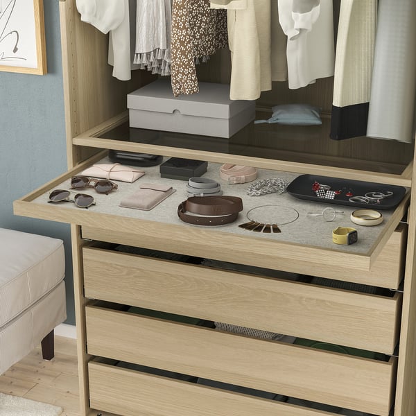 KOMPLEMENT - KOMPLEMENT Pull-out tray with drawer mat, white stained oak effect/light grey, 100x58 cm