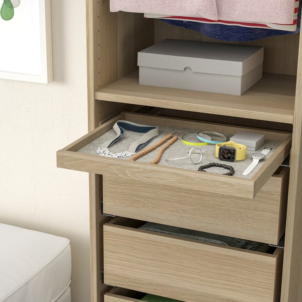 KOMPLEMENT - Pull-out tray with drawer mat, white stained oak effect/light grey, 50x35 cm