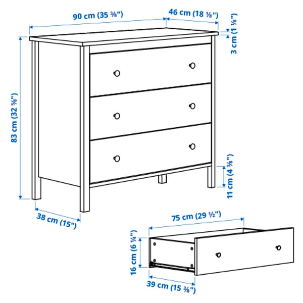 KOPPANG chest of 3 drawers, white, 90x83 cm