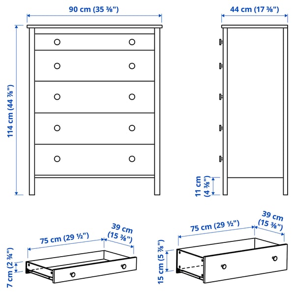 KOPPANG chest of 5 drawers, white, 90x44x114 cm