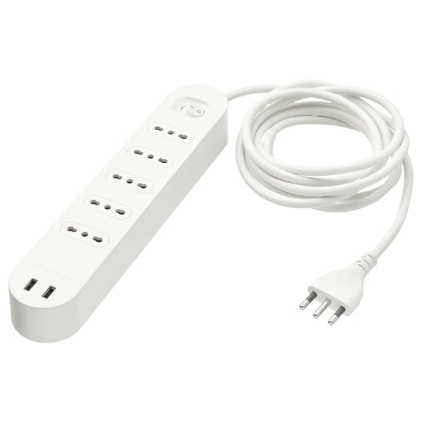 KOPPLA 5-way socket with 2 USB ports, white, 3.0 m
