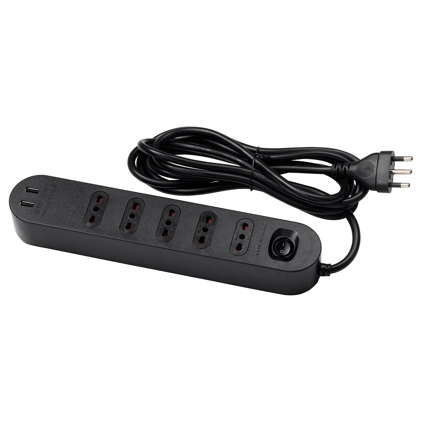 KOPPLA 5-way socket with 2 USB ports, black, 3.0 m