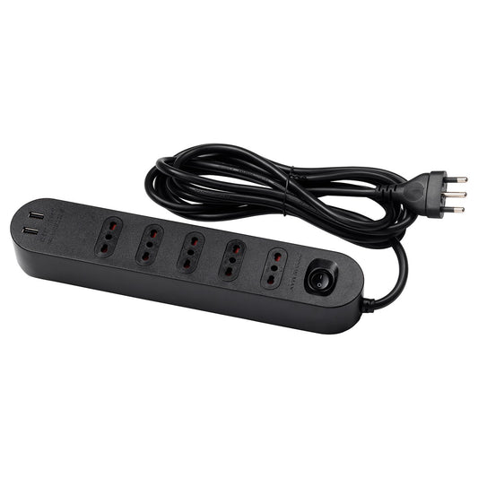 KOPPLA 5-way socket with 2 USB ports, black, 3.0 m