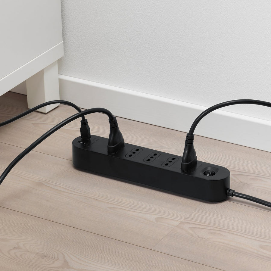 KOPPLA 5-way socket with 2 USB ports, black, 3.0 m