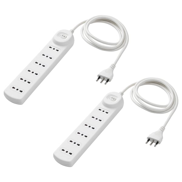 KOPPLA 6-way socket with switch, white, 1.5 mx6 cm, 2 pack