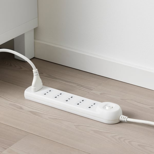 KOPPLA 6-way socket with switch, white, 1.5 m, 2 pack