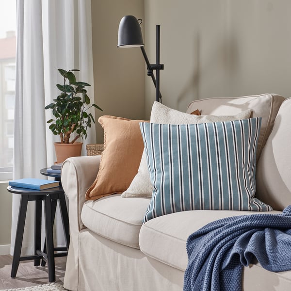 KORALLBUSKE cushion cover, light blue white/stripe pattern